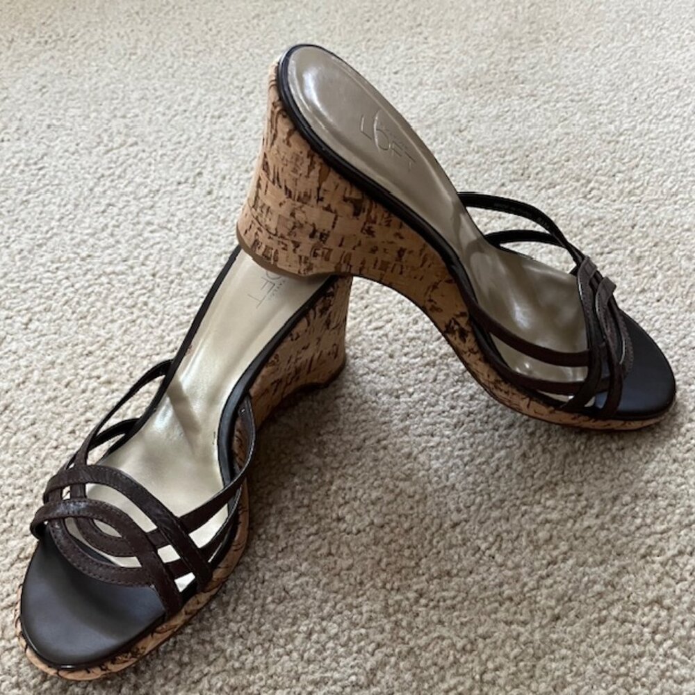 Loft Brown Leather Cork Wedge Sandals ~ New Size 8.5